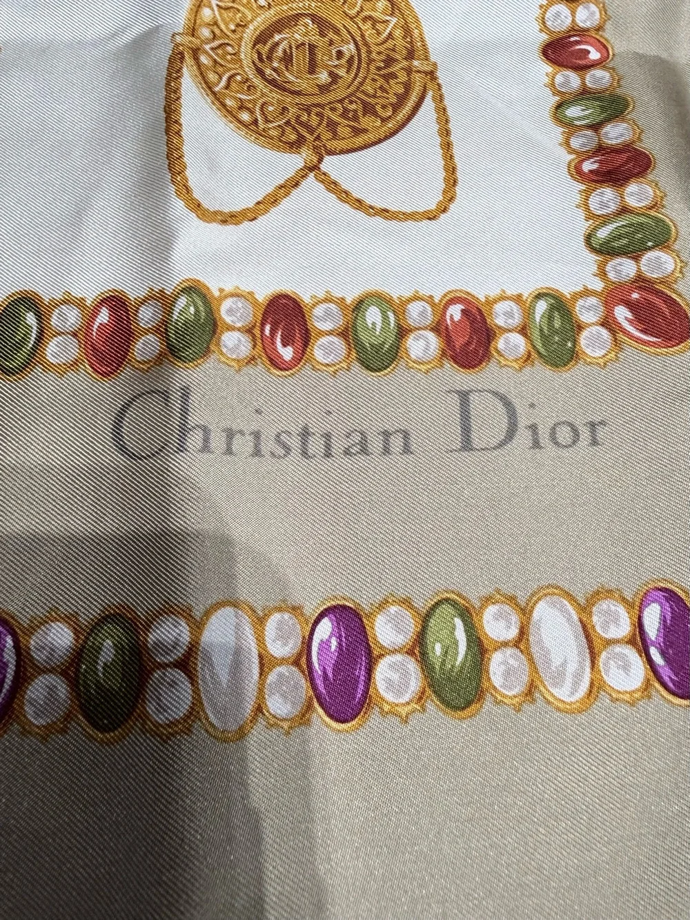 Vintage Dior Silk Scarf in Cream, Gold and Purple Accent
